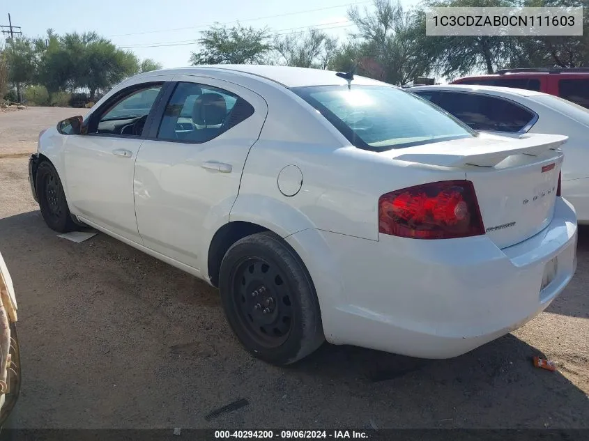 2012 Dodge Avenger Se VIN: 1C3CDZAB0CN111603 Lot: 40294200