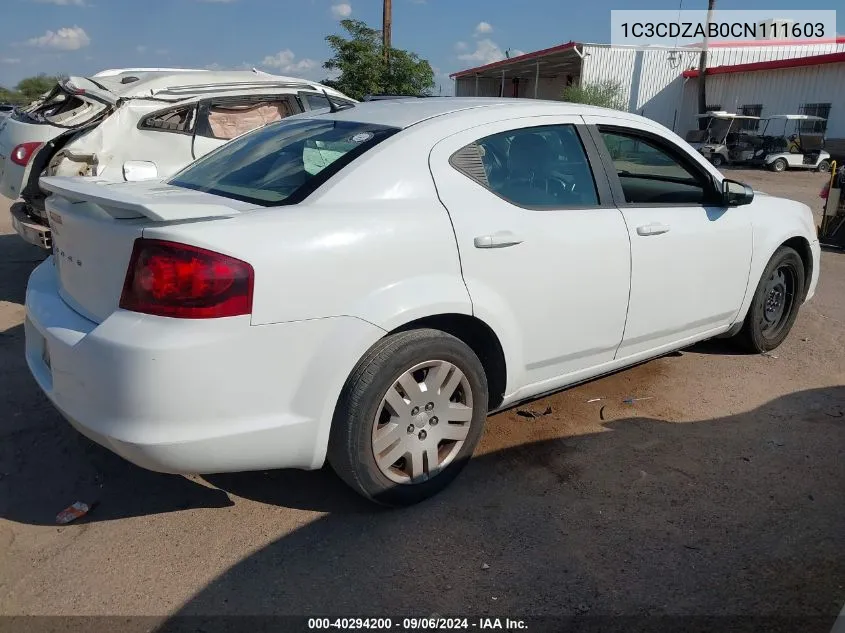 2012 Dodge Avenger Se VIN: 1C3CDZAB0CN111603 Lot: 40294200