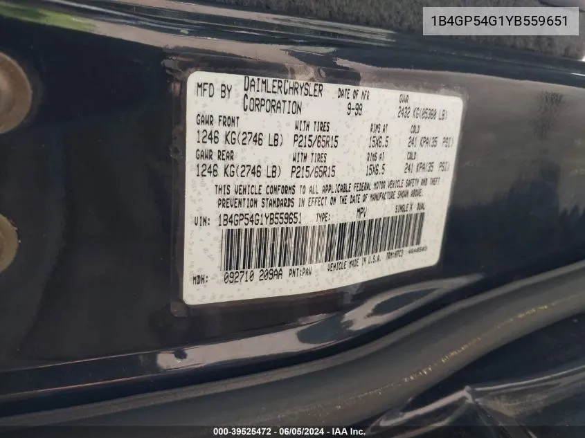 2000 Dodge Grand Caravan VIN: 1B4GP54G1YB559651 Lot: 40251476