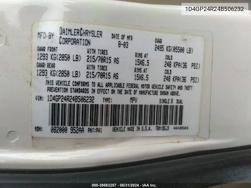 1D4GP24R24B506232 2004 Dodge Grand Caravan Se