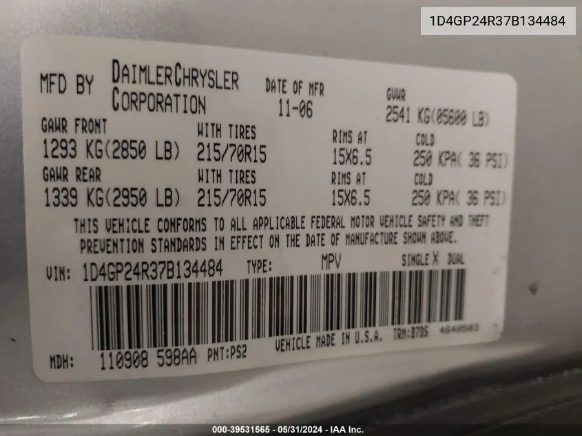 1D4GP24R37B134484 2007 Dodge Grand Caravan Se