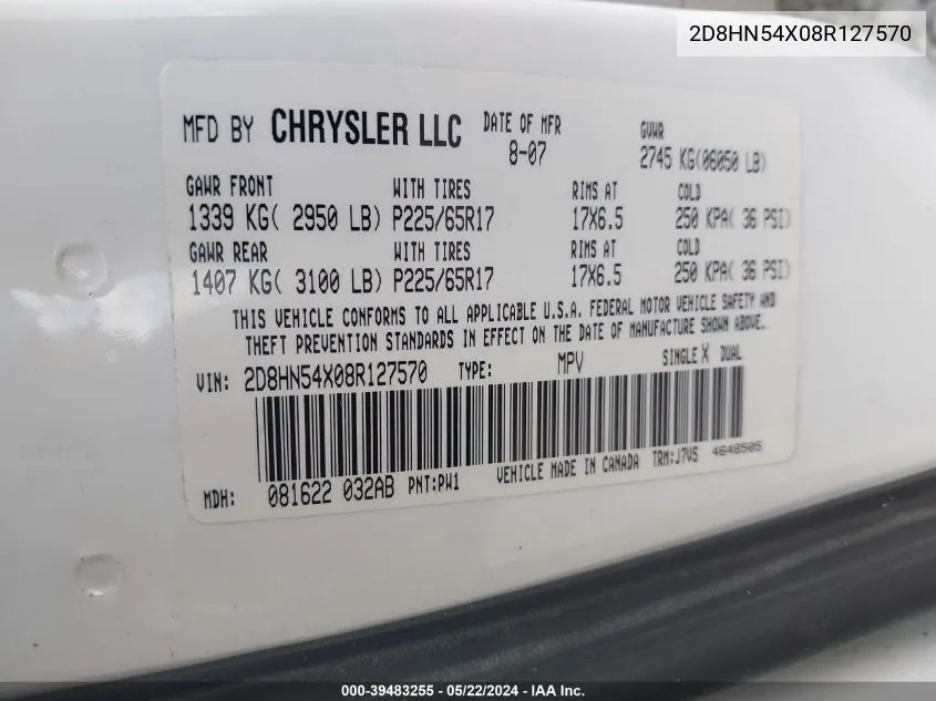 2D8HN54X08R127570 2008 Dodge Grand Caravan Sxt