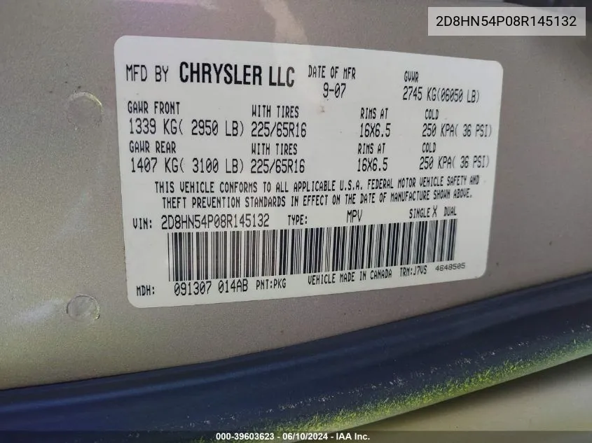 2D8HN54P08R145132 2008 Dodge Grand Caravan Sxt