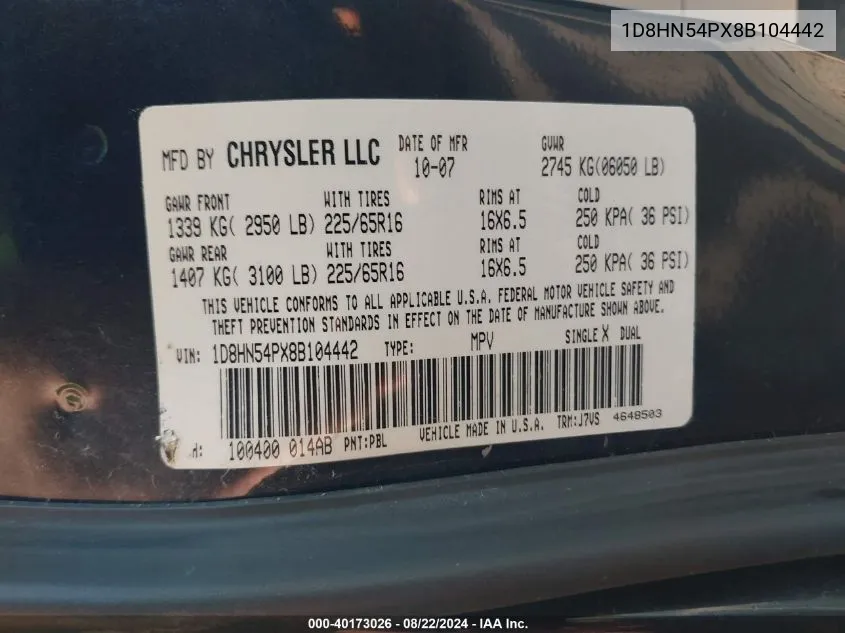 1D8HN54PX8B104442 2008 Dodge Grand Caravan Sxt