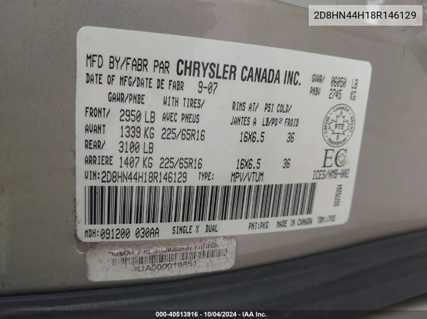 2D8HN44H18R146129 2008 Dodge Grand Caravan Se