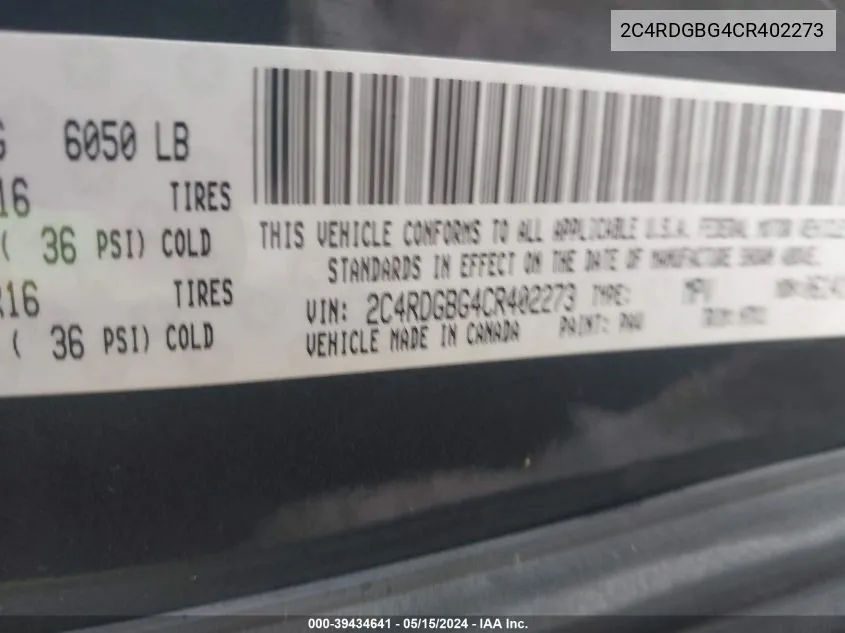 2C4RDGBG4CR402273 2012 Dodge Grand Caravan Se/Avp