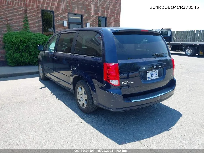 2012 Dodge Grand Caravan Se/Avp VIN: 2C4RDGBG4CR378346 Lot: 39494193