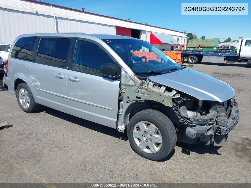 2012 Dodge Grand Caravan Se/Avp VIN: 2C4RDGBG3CR243794 Lot: 39550622