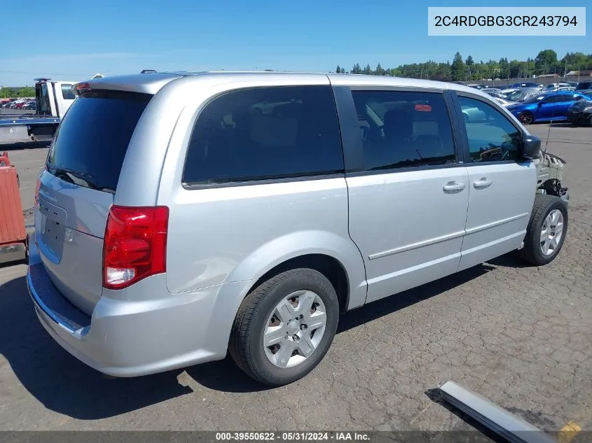 2012 Dodge Grand Caravan Se/Avp VIN: 2C4RDGBG3CR243794 Lot: 39550622