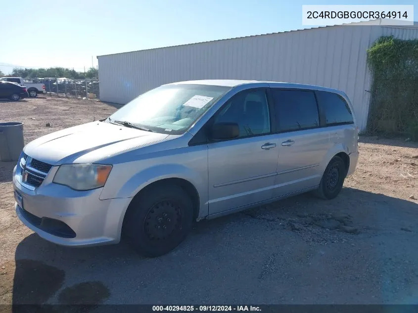 2012 Dodge Grand Caravan Se VIN: 2C4RDGBG0CR364914 Lot: 40294825