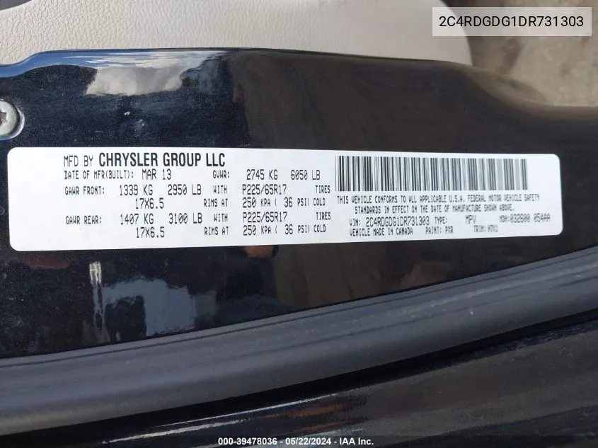 2C4RDGDG1DR731303 2013 Dodge Grand Caravan Crew