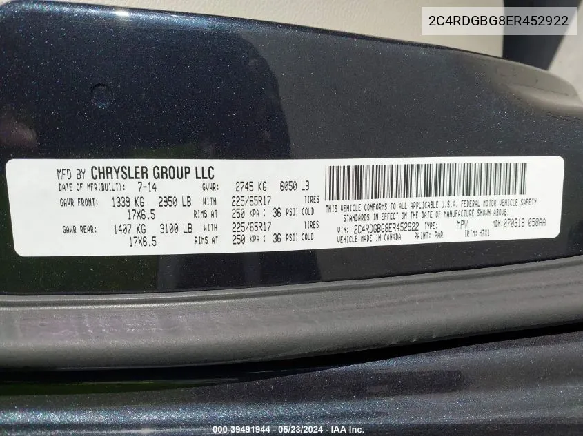 2C4RDGBG8ER452922 2014 Dodge Grand Caravan Se