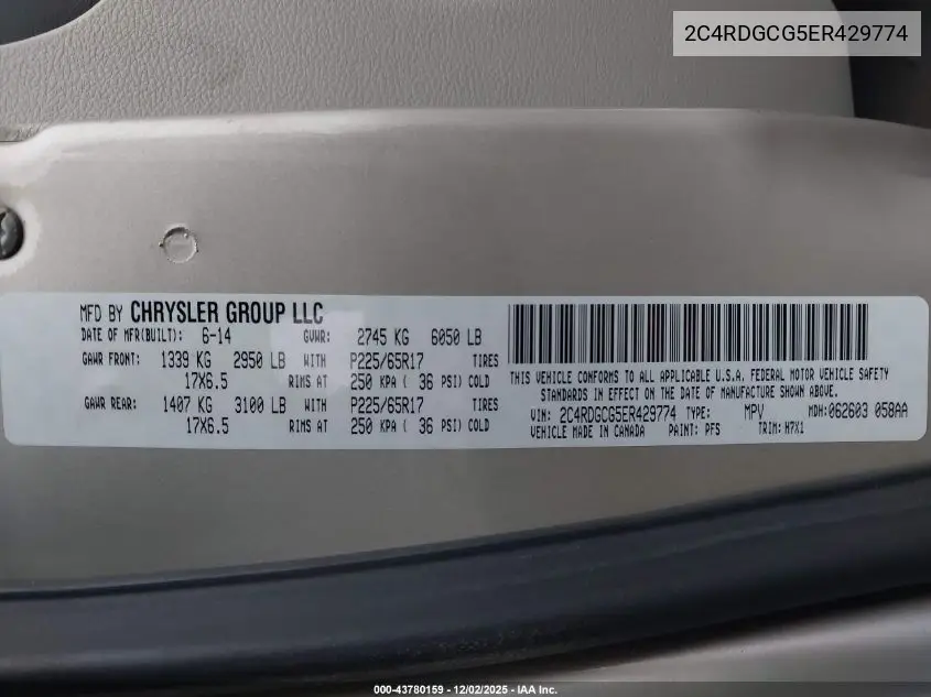 2C4RDGCG5ER429774 2014 Dodge Grand Caravan Sxt