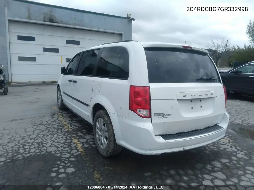 2016 Dodge Grand Caravan Se VIN: 2C4RDGBG7GR332998 Lot: 12006884