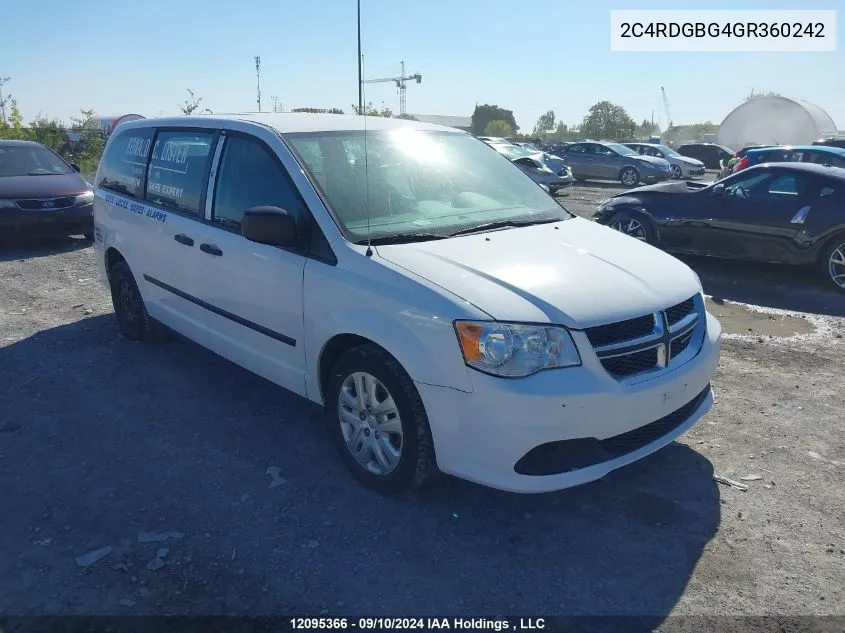 2016 Dodge Grand Caravan Se/Sxt VIN: 2C4RDGBG4GR360242 Lot: 12095366