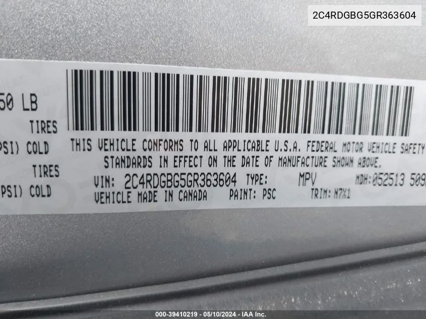 2C4RDGBG5GR363604 2016 Dodge Grand Caravan Se Plus