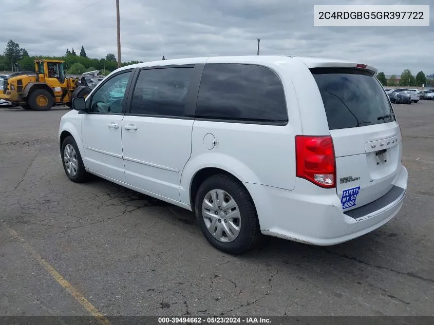 2016 Dodge Grand Caravan Se VIN: 2C4RDGBG5GR397722 Lot: 39494662