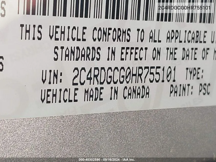 2017 Dodge Grand Caravan Sxt VIN: 2C4RDGCG0HR755101 Lot: 40302590