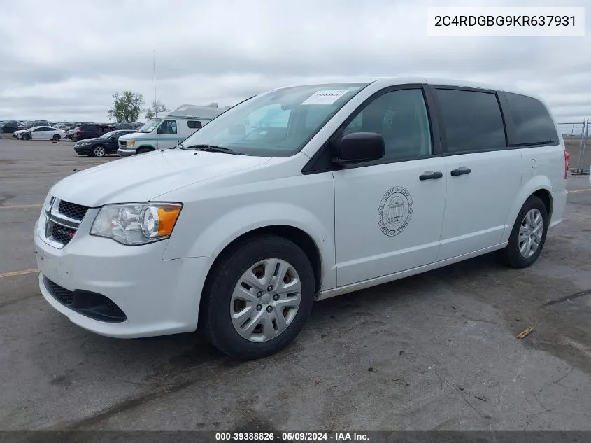 2019 Dodge Grand Caravan Se VIN: 2C4RDGBG9KR637931 Lot: 39388826