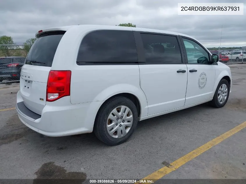 2019 Dodge Grand Caravan Se VIN: 2C4RDGBG9KR637931 Lot: 39388826