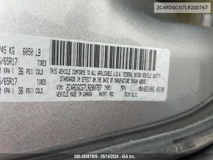 2C4RDGCG7LR200767 2020 Dodge Grand Caravan Sxt