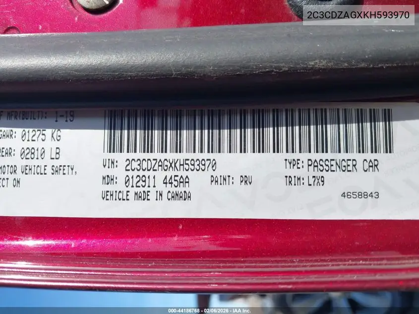 2C3CDZAGXKH593970 2019 Dodge Challenger Sxt