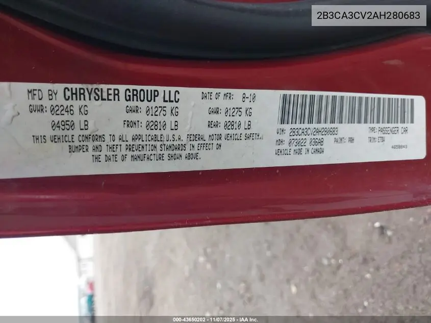 2B3CA3CV2AH280683 2010 Dodge Charger Sxt