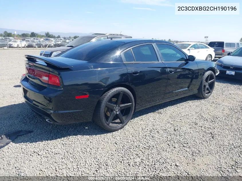 2012 Dodge Charger Se VIN: 2C3CDXBG2CH190196 Lot: 40267117