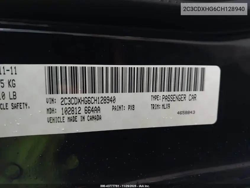 2C3CDXHG6CH128940 2012 Dodge Charger Sxt