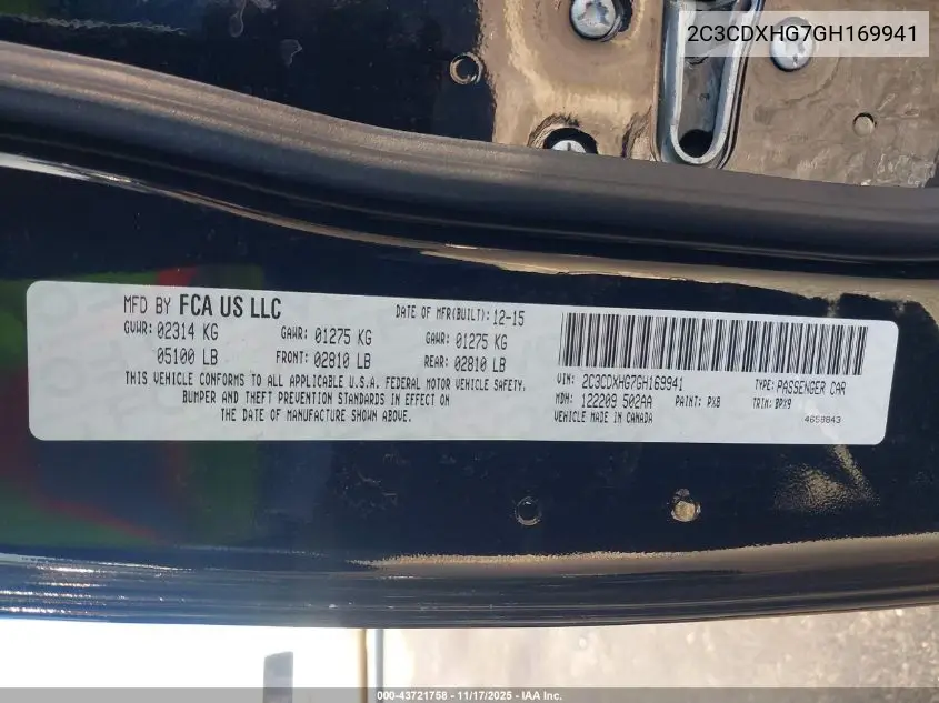 2C3CDXHG7GH169941 2016 Dodge Charger Sxt