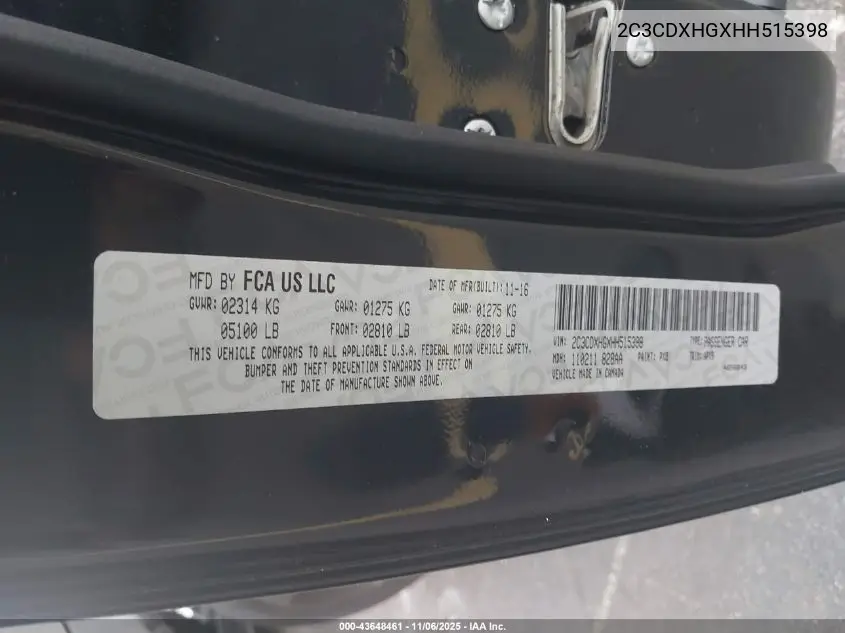2C3CDXHGXHH515398 2017 Dodge Charger Sxt Rwd