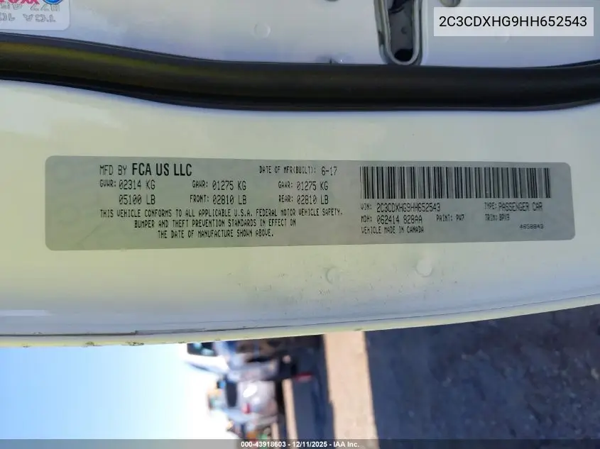 2C3CDXHG9HH652543 2017 Dodge Charger Sxt Rwd