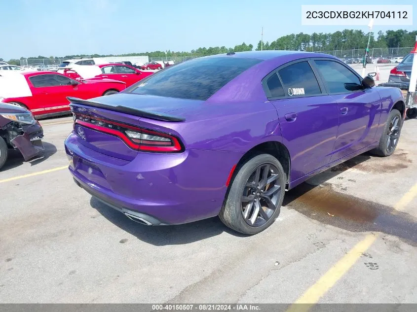 2019 Dodge Charger Sxt Rwd VIN: 2C3CDXBG2KH704112 Lot: 40150507