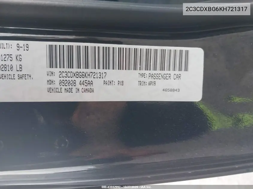 2C3CDXBG6KH721317 2019 Dodge Charger Sxt Rwd