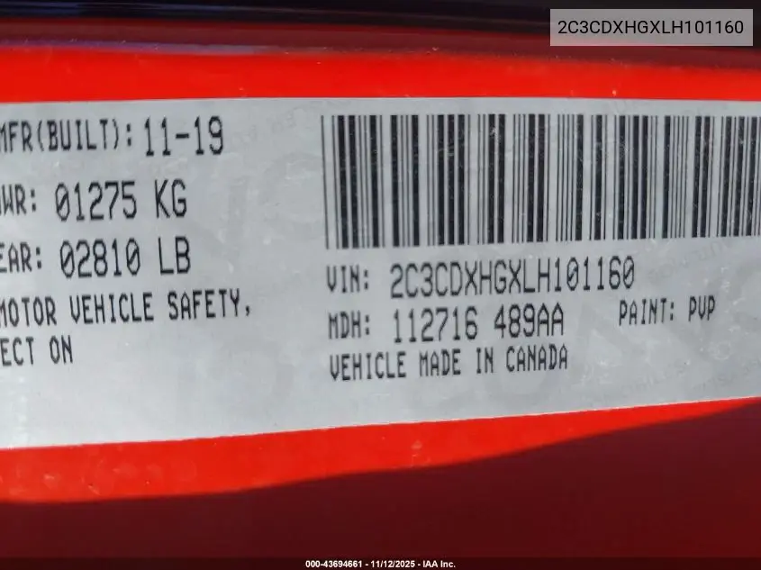 2C3CDXHGXLH101160 2020 Dodge Charger Gt Rwd