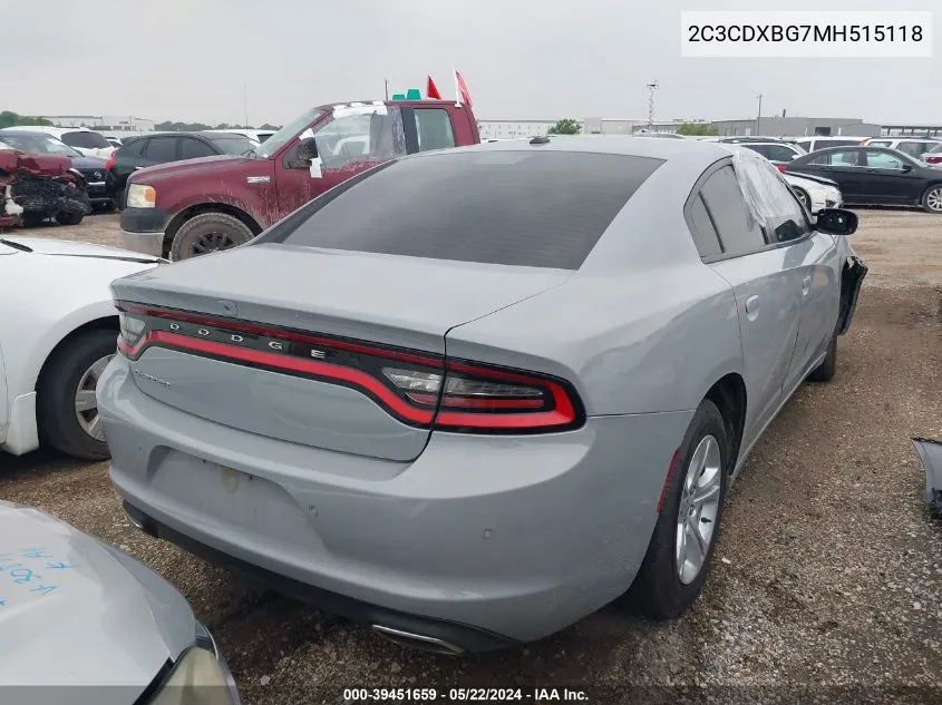 2021 Dodge Charger Sxt Rwd VIN: 2C3CDXBG7MH515118 Lot: 39451659