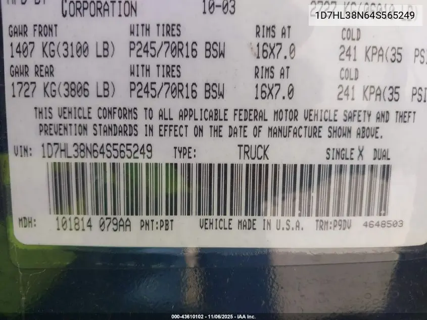 1D7HL38N64S565249 2004 Dodge Dakota Sport/Sxt