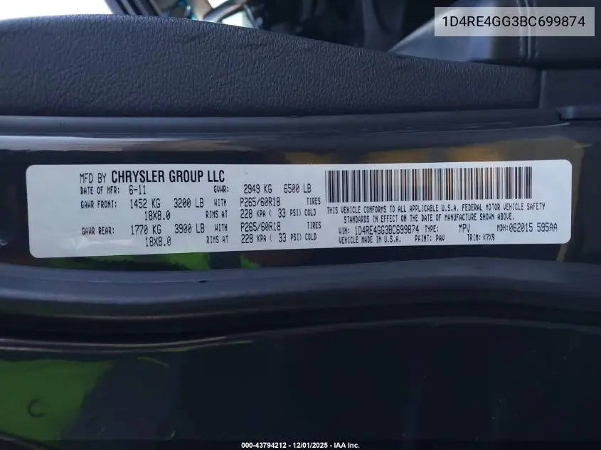 1D4RE4GG3BC699874 2011 Dodge Durango Crew
