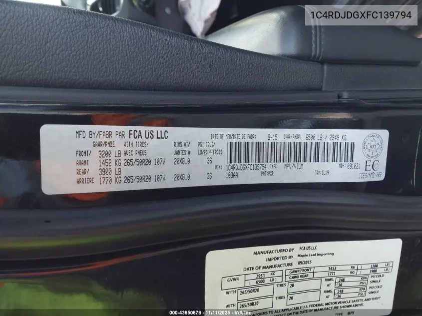 1C4RDJDGXFC139794 2015 Dodge Durango Limited