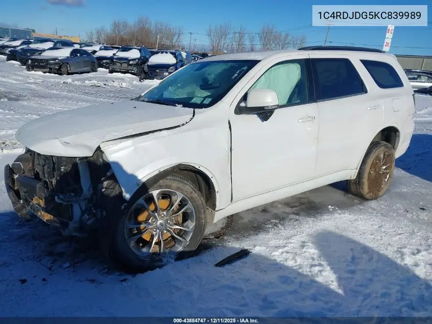 1C4RDJDG5KC839989 2019 Dodge Durango Gt Plus Awd