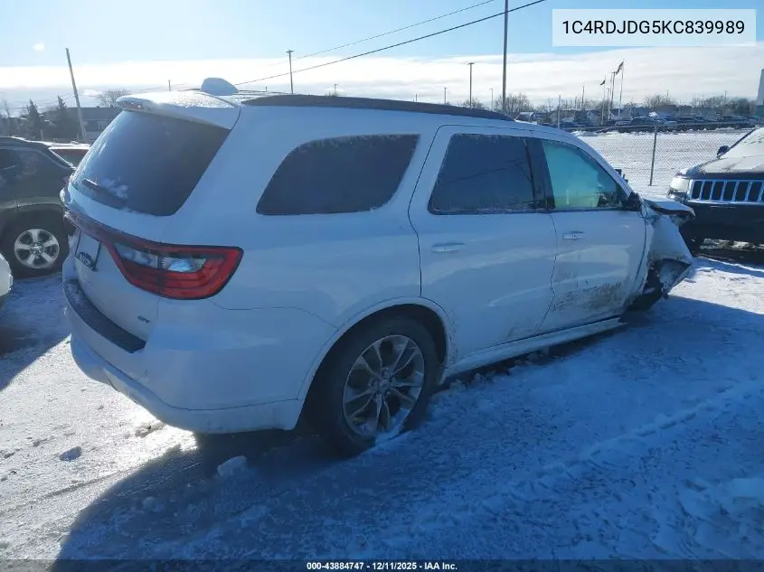 1C4RDJDG5KC839989 2019 Dodge Durango Gt Plus Awd