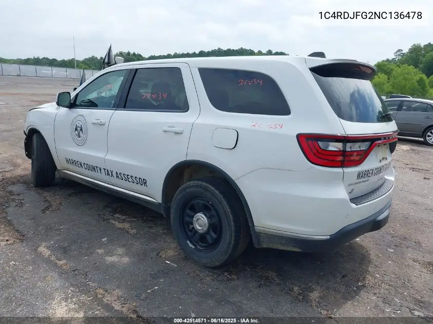 2022 Dodge Durango Pursuit Awd VIN: 1C4RDJFG2NC136478 Lot: 42514571