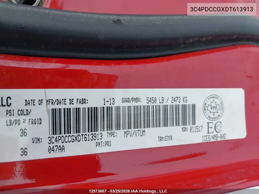 3C4PDCCGXDT613913 2013 Dodge Journey Sxt