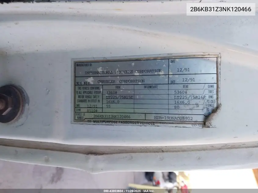 2B6KB31Z3NK120466 1992 Dodge Ram Van B350