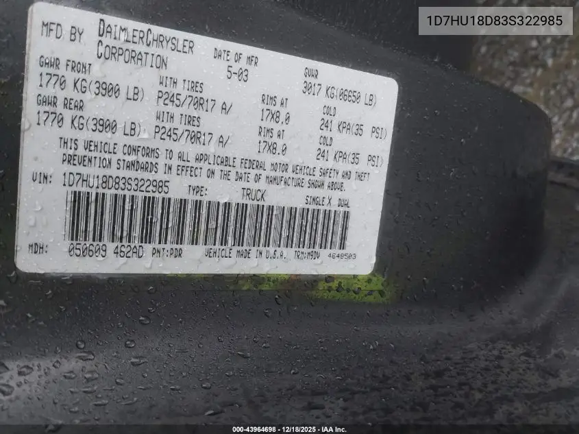 1D7HU18D83S322985 2003 Dodge Ram 1500 Slt/Laramie/St