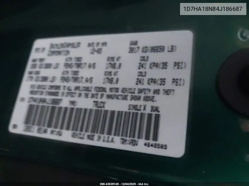 1D7HA18N84J186687 2004 Dodge Ram 1500 Slt/Laramie
