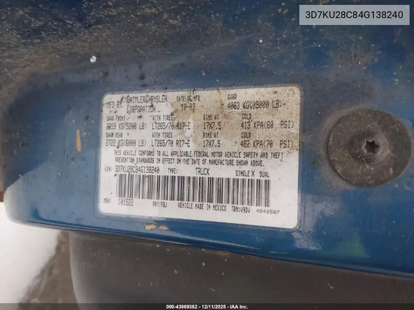 3D7KU28C84G138240 2004 Dodge Ram 2500 Slt/Laramie