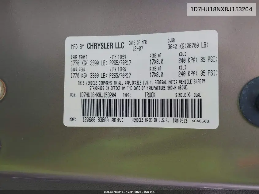 1D7HU18NX8J153204 2008 Dodge Ram 1500 St/Sxt