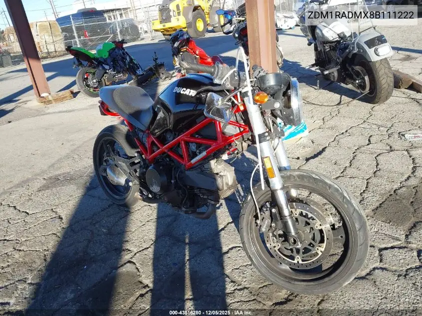 2008 Ducati Monster 695 VIN: ZDM1RADMX8B111222 Lot: 43816280