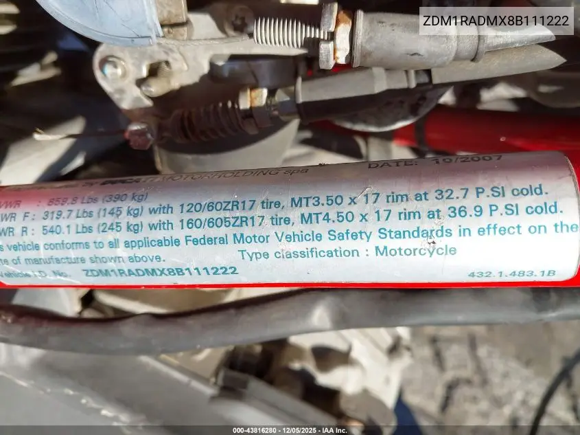 2008 Ducati Monster 695 VIN: ZDM1RADMX8B111222 Lot: 43816280
